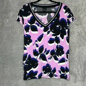 Worthington XL Shirt Top Purple Floral Flower Cap Short Sleeve V Neck Stretch